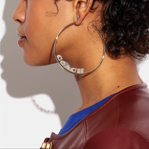 Authentic COACH J.Lo Signature Gold Pave Crystal Sparkle Logo Hoop Earrings - Picture 2 of 5